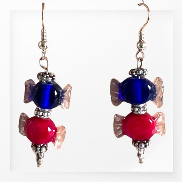 Indio Jewelry Jewelry - Red and Blue Lampwork .925 Sterling Earrings #317